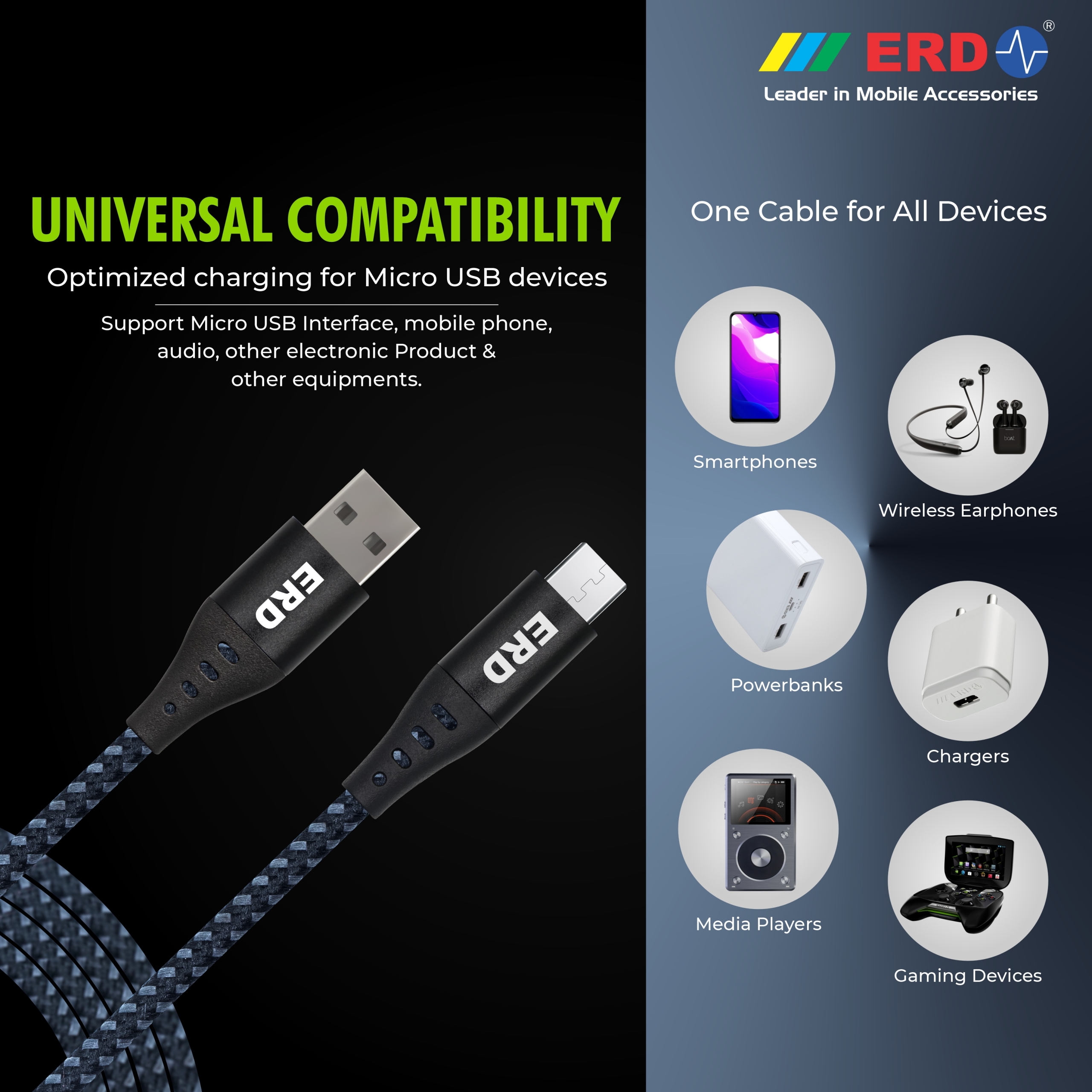 ERD UC-59 Braided Metal Casing Micro USB Data Cable (Grey-Black) 6