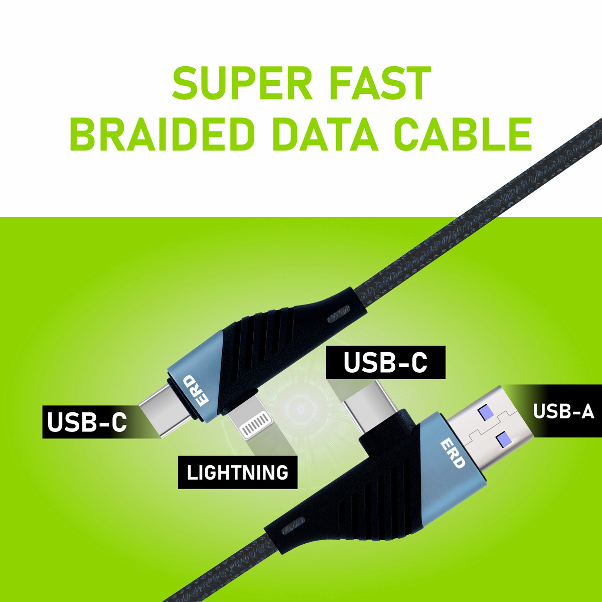 ERD UC-100 Fast Charging Extra Tough 1 Meter Long 4 in 1 (USB to USB-C + USB to Lightning + USB-C to USB-C+ USB-C to Lightning) Braided Metal Data Cable (Grey-Black) 3
